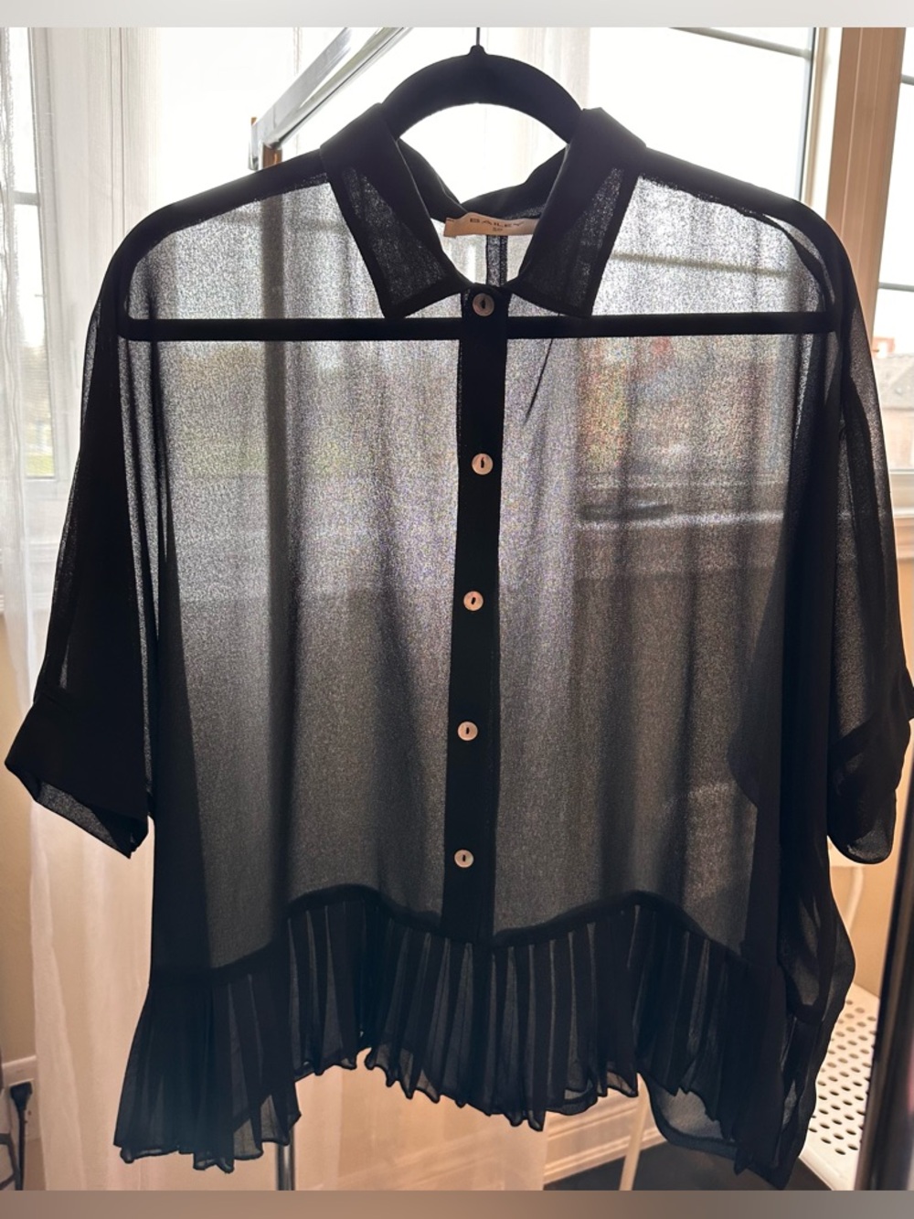 Bailey Black Sheer Button-Front Pleated-Hem Blouse